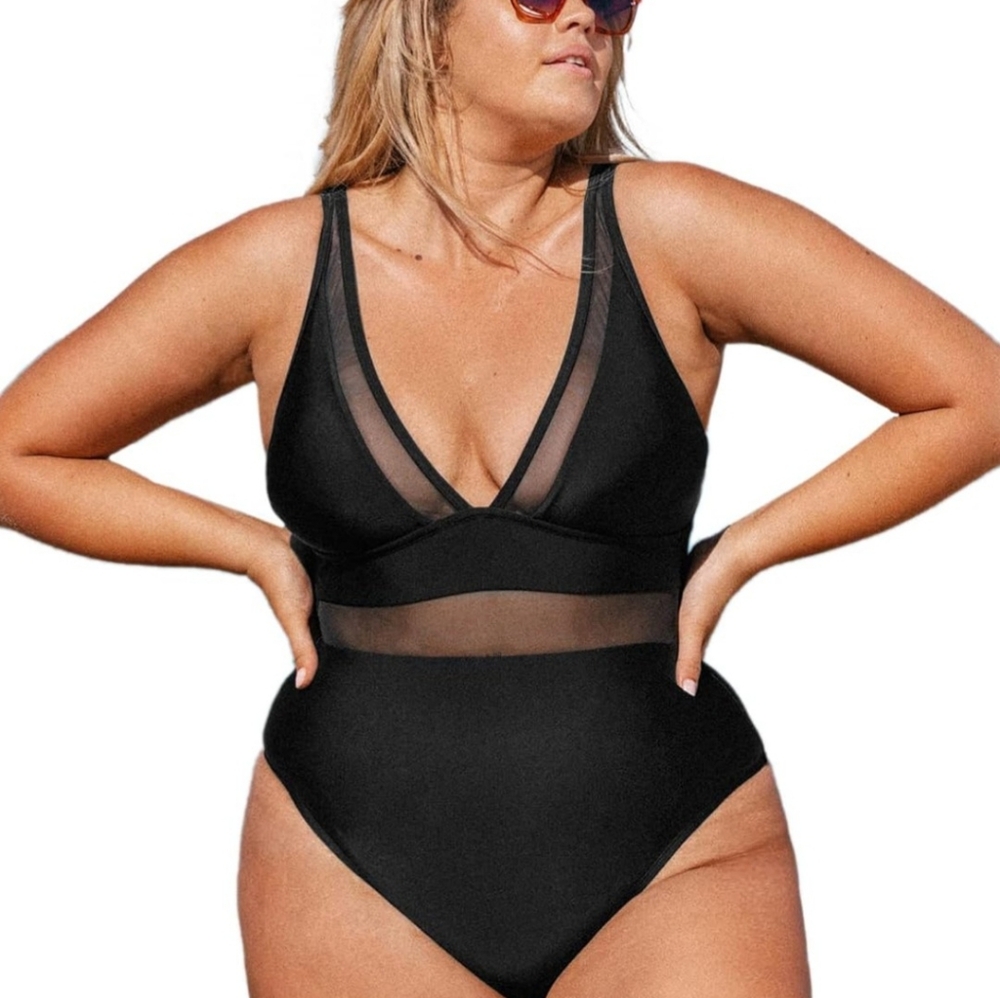 Women's Black One Piece Swimsuit Sheer Mesh Tummy Control Swimsuit